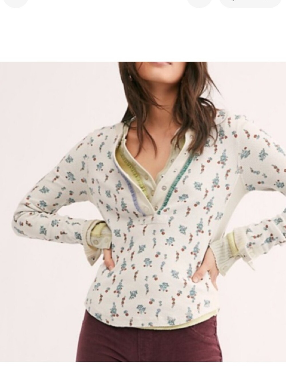 FREE PEOPLE Carly Waffle Knit Henley Thermal Top Off White Floral RARE